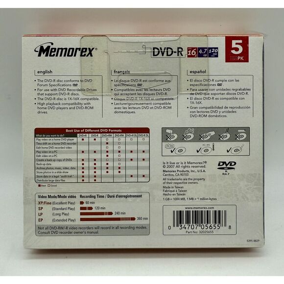 Memorex DVD-R 5 Pack Recordable 16X 4.7GB 120 Min New Factory Sealed - Picture 2 of 2